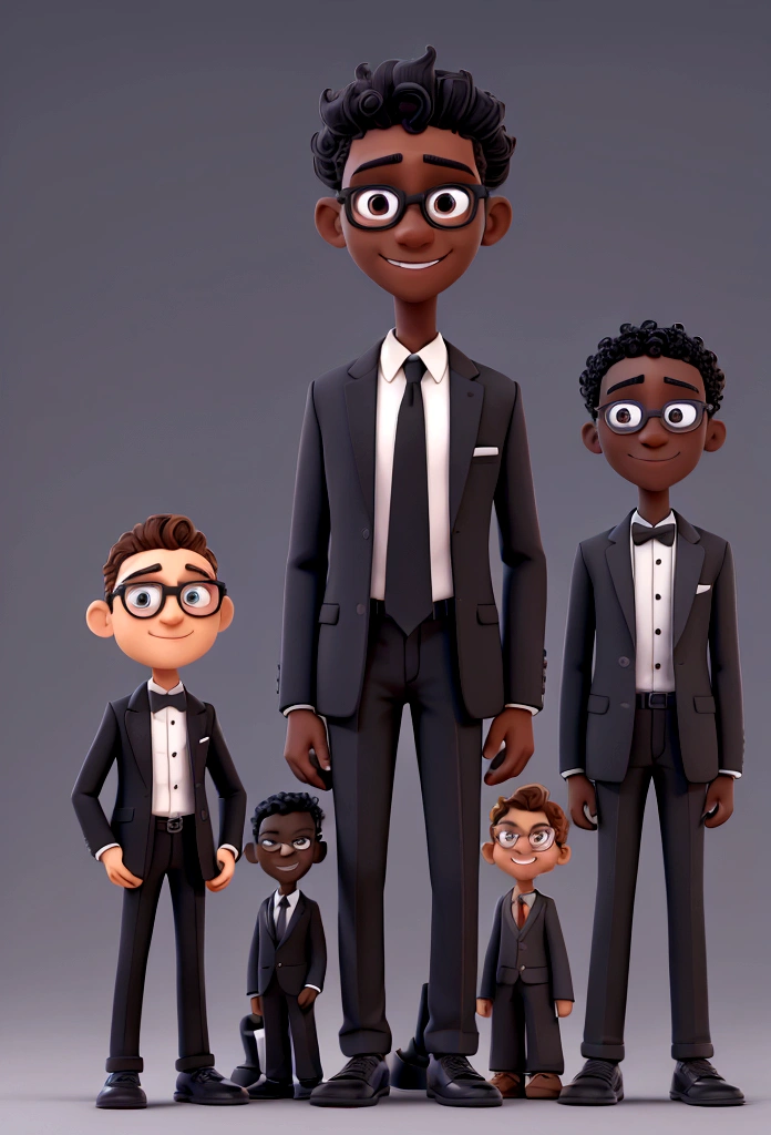 A teenager wearing a black suit with tie, complemented by black shoes. He is standing, presenting a formal appearance. Happy appearance. Brazilian boy, dark skin, curly, shaved hair, dark brown, eyes in the same color showing happiness. Wearing glasses with square frames. Holding in his hands a violin. 3d pixar animation style image