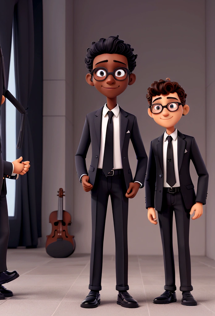 A teenager wearing a black suit with tie, complemented by black shoes. He is standing, presenting a formal appearance. Happy appearance. Brazilian boy, dark skin, curly, shaved hair, dark brown, eyes in the same color showing happiness. Wearing glasses with square frames. Holding in his hands a violin. 3d pixar animation style image