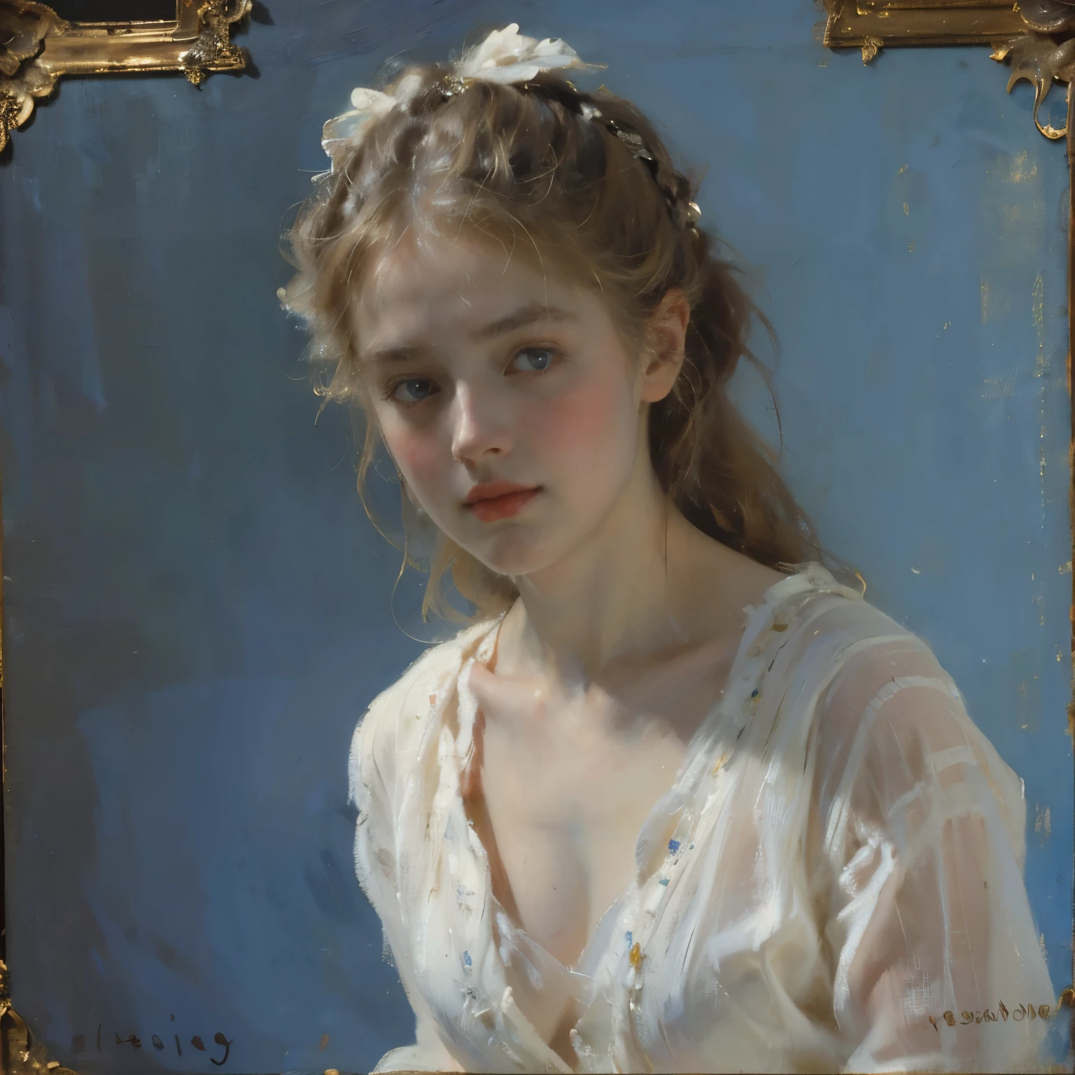 a portrait of a beautiful young girl, 18 years old, with long bright blonde hair, blue eyes, wearing a classic white pajama robe, in a classical portrait style, oil painting, side view, face in focus, blue background, highly detailed, photorealistic, cinematic lighting, delicate skin, intricate facial features, elegant expression