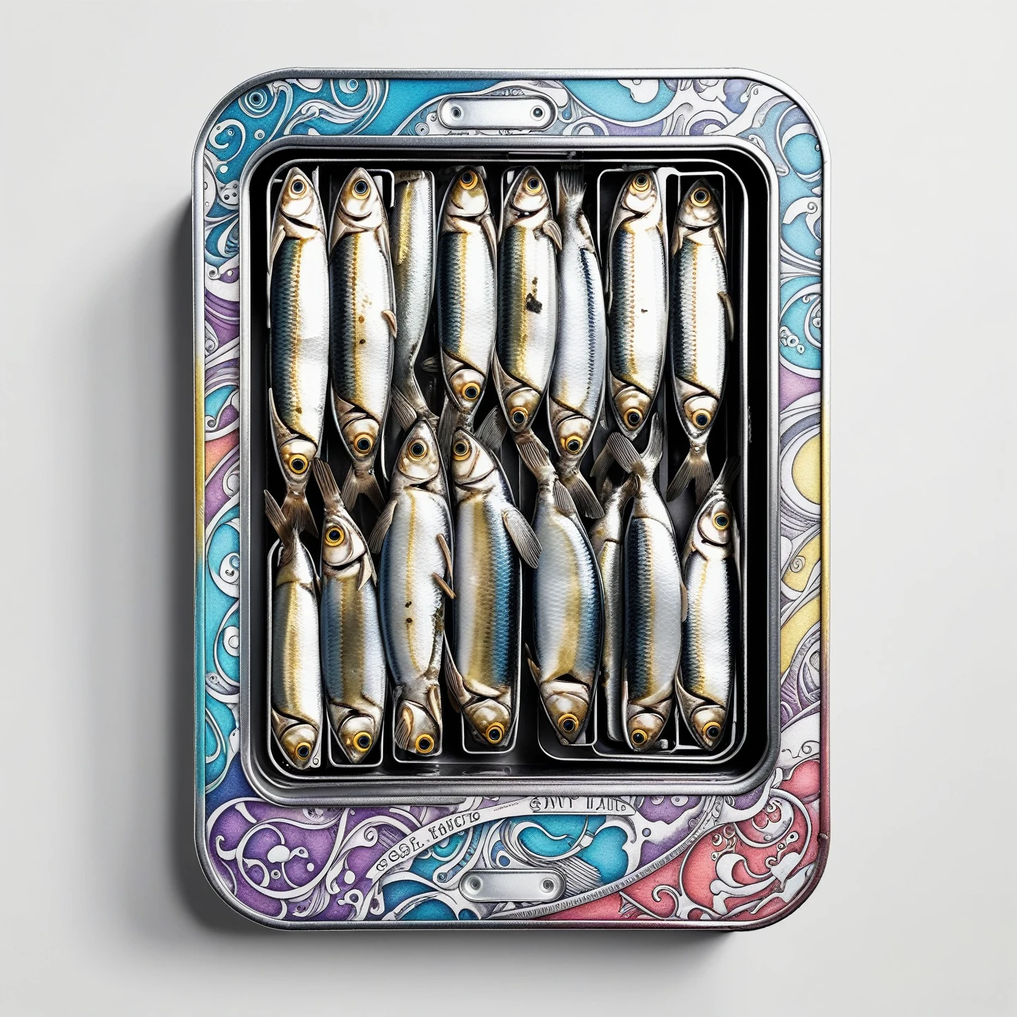 Tinned sardines in compact vending machine, tattoo design, Japanese retro, doctor, lineart PStyl3, negative space, abstract, intricate, iridescent, 