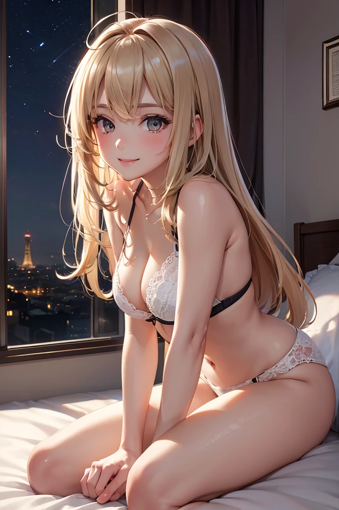 (Best Quality,High resolution,8K,finelity detailed background,Masterpiece:1.2),beautiful girl,Shiny khaki hair,messy hair,(Khaki Eyes),Gentle look,A refreshing look,Best quality,Best Quality,Aesthetic and aesthetic:1.2,Best details((Super detailed))(High-definition CG illustrations),Black underwear (white intricate lace),Slender body,Late Night,Moonlit Night,Bedroom,On the bed,smile,blush,cute,Scrounge,Looking up,Being spoiled,super model,wariza,smile