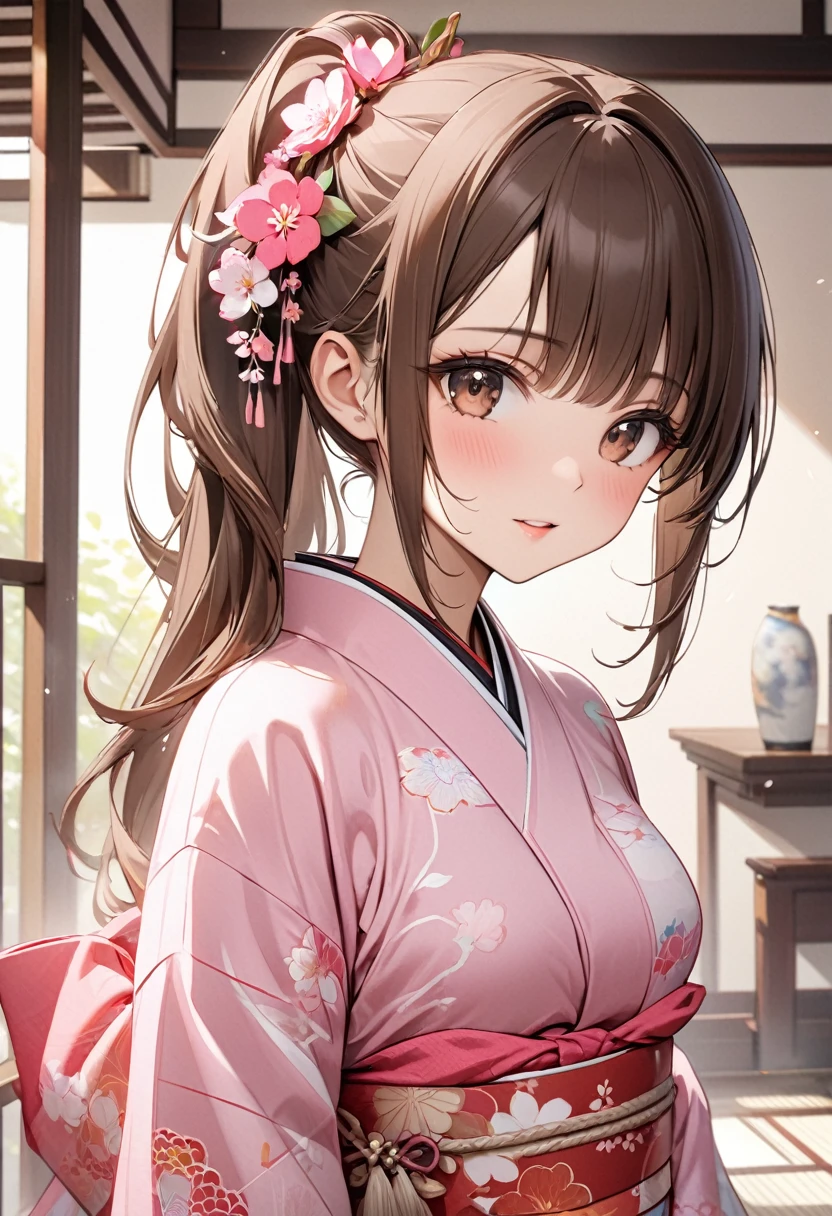 Playful and cute oriental beauty girl.Long brown hair with ponytails on both sides，Texture、Beautiful pink Japanese kimono、，masterpiece，best quality