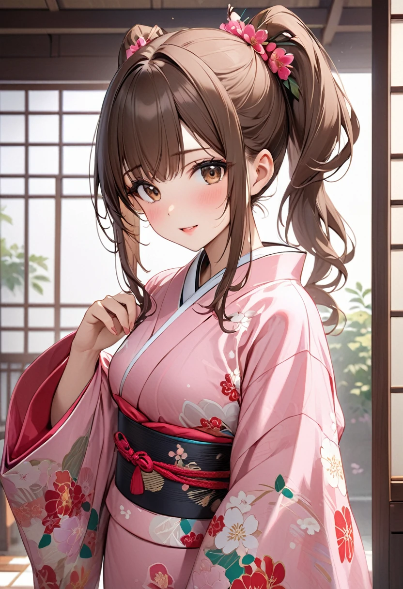 Playful and cute oriental beauty girl.Long brown hair with ponytails on both sides，Texture、Beautiful pink Japanese kimono、，masterpiece，best quality