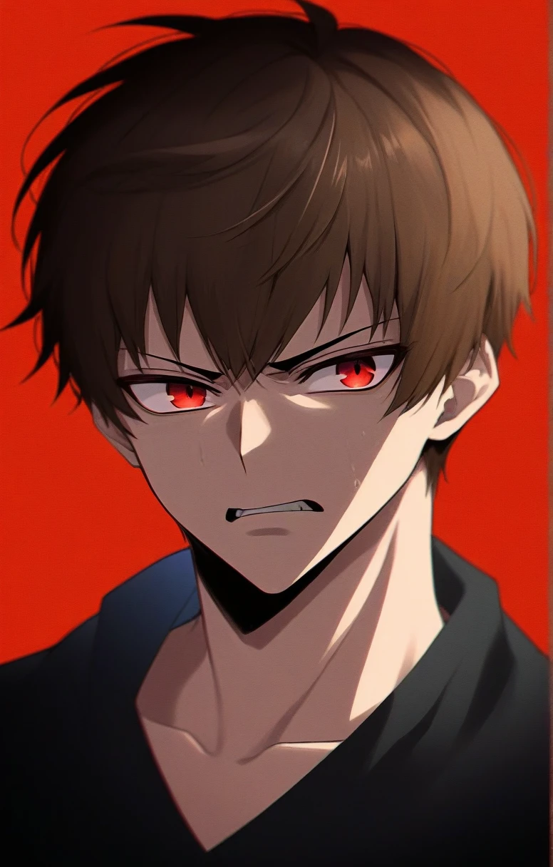 a beautiful young anime boy buzz cut brown hair angry face, digital art portrait, with glowing skin, vibrant flat colors, and a gradient red background (best quality,4k,8k,highres,masterpiece:1.2) ultra-detailed,beautiful detailed red eyes,dramatic lighting,digital painting,concept art,character design