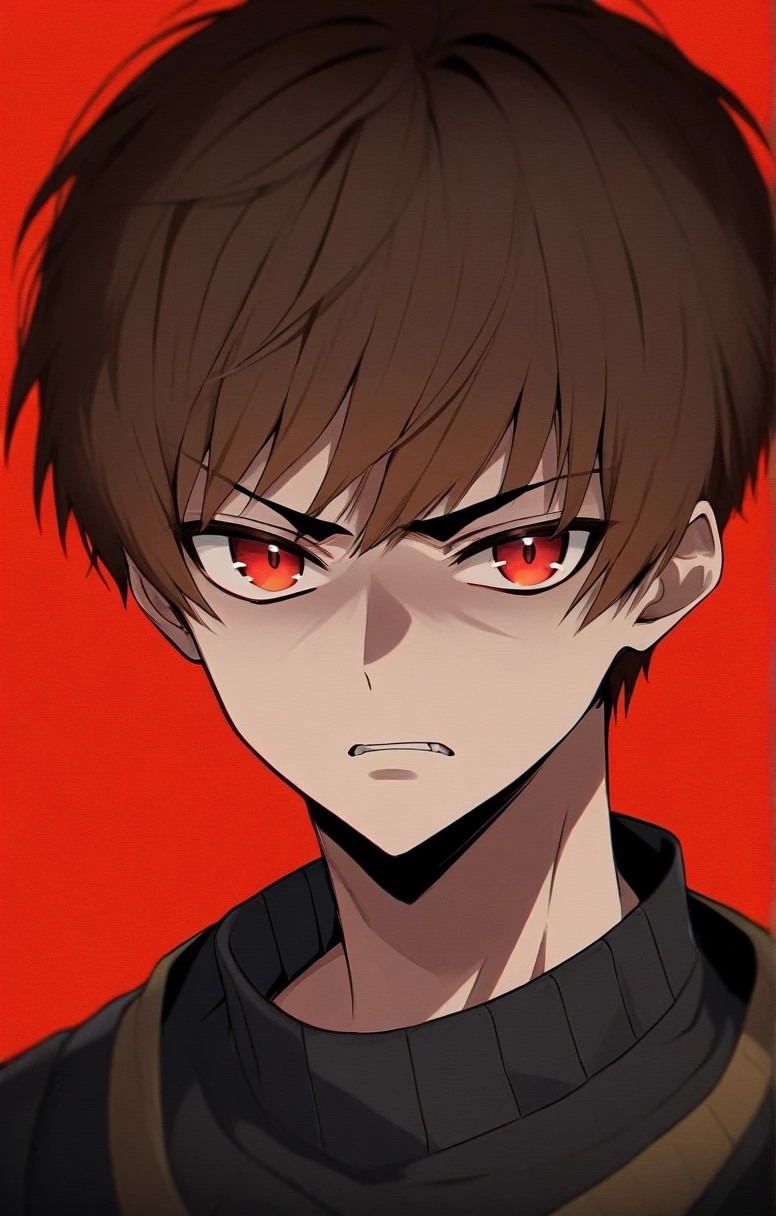 a beautiful young anime boy buzz cut brown hair angry face, digital art portrait, with glowing skin, vibrant flat colors, and a gradient red background (best quality,4k,8k,highres,masterpiece:1.2) ultra-detailed,beautiful detailed red eyes,dramatic lighting,digital painting,concept art,character design