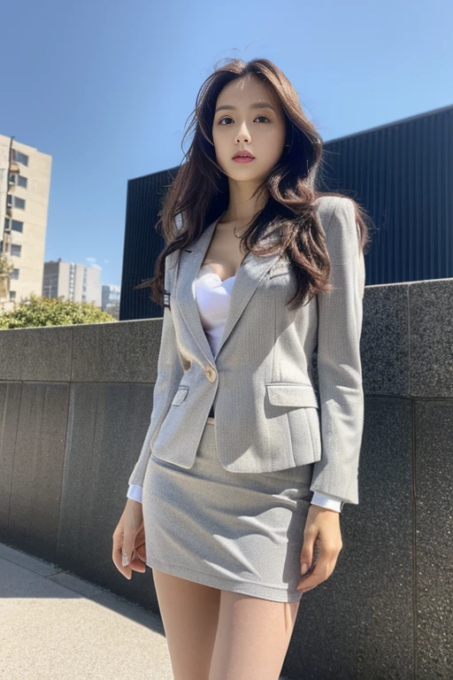 (Highest quality、Ultra-high resolution、masterpiece、8K、Realistic raw photo)、(Delicate face、Detailed eyes and face、Watery eyes、double eyelid、Glossy lips), ((1 girl)) 、Very beautiful woman、Slender、Slim Big、Sharp long legs、Alluring and sexy、(Striped blazer:1.2)、(Striped skirt:1.2),(silk pantyhose:1.1),(High heels)、Cleavage、High-definition skin texture、The wind is blowing、Sunlight shining on face and body、Modern architecture in the background、Above the knee shot、((Perfect Anatomy、Anatomically correct:1.2))
