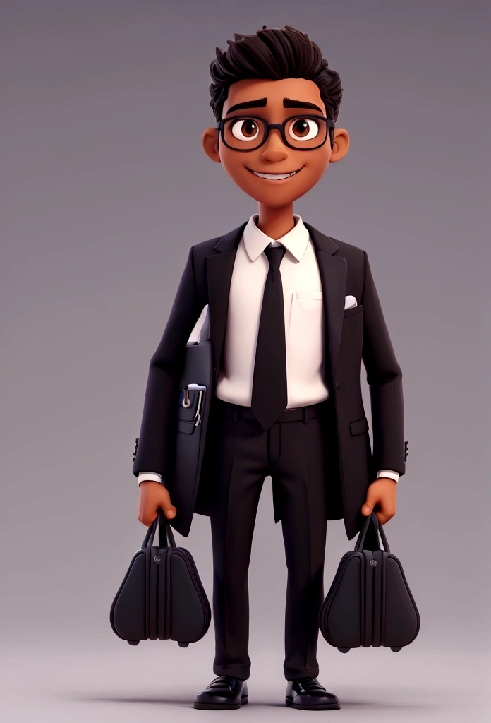 A ager wearing a black suit with tie, complemented by black shoes. He is standing, presenting a formal appearance. Happy appearance. Brazilian boy, dark skin, short dark brown hair, eyes in the same color showing happiness. Wearing glasses with square frames. Holding in his hands a violin. 3d pixar animation style image