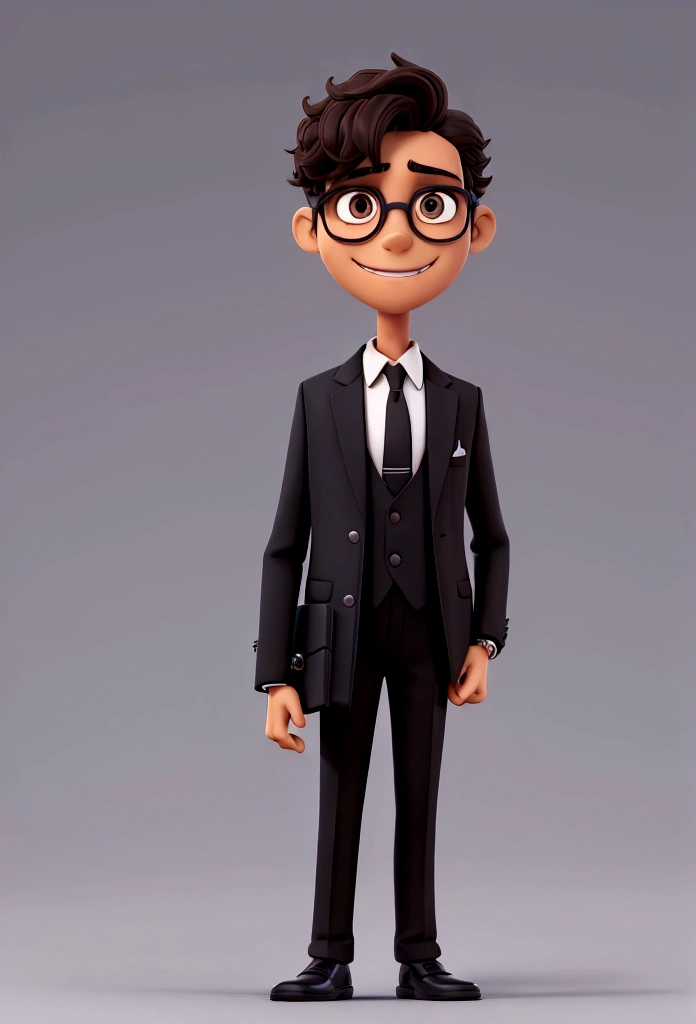A teenager wearing a black suit with tie, complemented by black shoes. He is standing, presenting a formal appearance. Happy appearance. Brazilian boy, dark skin, short dark brown hair, eyes in the same color showing happiness. Wearing glasses with square frames. Holding in his hands a violin. 3d pixar animation style image