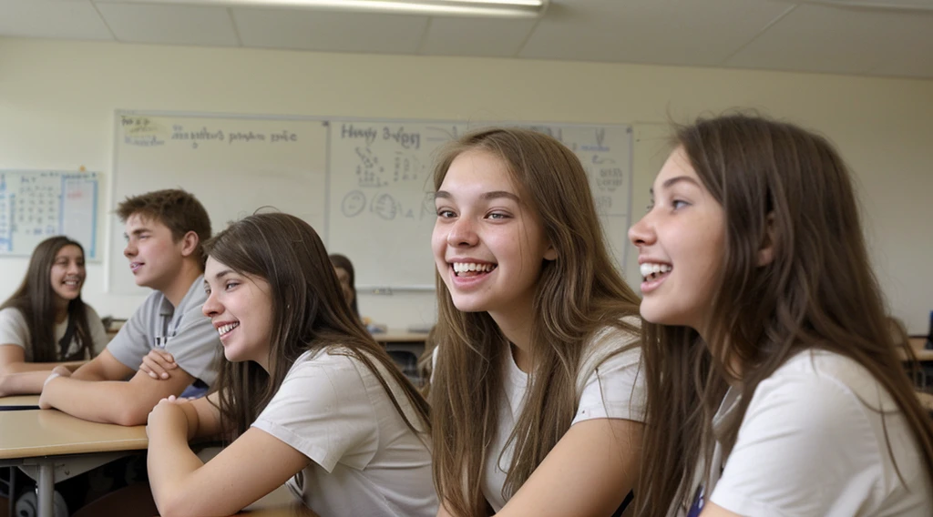 in many college girls and guys laugh in the class, hot girls, pov from side not looking at camera