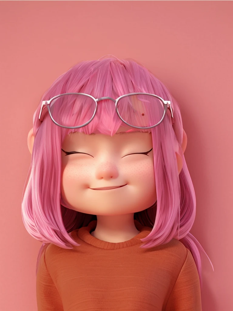 sharp focus, 8K, A cute and beautiful girl, , highly detailed, 3D Cartoon, pink  hair, white round glasses on head, brown sweatshirt, closed eyes smiling with a closed smile, beautiful perfect, Disney  style, pixar.