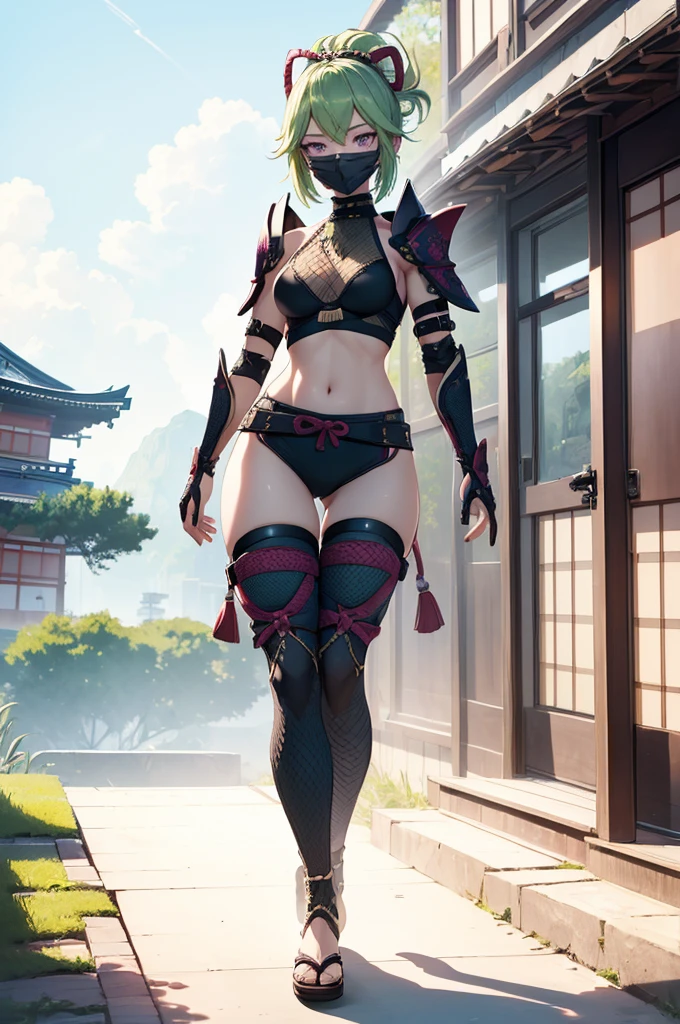 ((1girl, solo)), (((cowboy shot))), beautiful body, (perfect anatomy, perfect body, perfect hands, perfect legs), natural proportions, sexy body, large breasts, (((legs apart))), (full body, full-body shot, full body front:1.5) BREAK
((extremely detailed face)), (beautiful detailed eyes:1.6), (realistic pupils, realistic iris:1), expressive eyes, looking at viewer, (clear eyes:1.3), (hyperrealistic:1.2), (detailed skin texture:1.2), smooth skin, kuki shinobu, purple eyes, green hair, ((mouth mask)), perfect face, perfect eyes BREAK
ninja, (fishnet top:1.5), (crop top:1.5), cleavage, (cropped jacket:1.5), (shoulder armor:1.5), (arm guard:1.5), partially fingerless gloves, midriff, short shorts, black shorts, ((black thighhighs)), (((greaves))), sandals, (revealing clothes:1.5), (japanese armor:1.5), (samurai armor), (highleg panty straps:1.4), tassel BREAK
outdoor, day, japanese building, east asian architecture BREAK
(masterpiece:1.5), anime-style, top quality, best quality, (beautiful and aesthetic:1.2), (ultra detail:1.5), Ultra-detailed depiction, Ultra-precise depiction, extremely detailed 8k illustration, high resolution, (highly detailed shading:1.2), (realistic lighting:1.4), perfect lighting, vibrant colors, dynamic tones, striking hues, 8k, absurd resolution, perfect shadows, hdr, UHD, ambient lighting, realistic, ultra-realistic, photo realistic, highly detailed, rich detail, luminous colors, fine texture, intricate design, professional illustration, (soft light:1.2), (illustration:0.7)