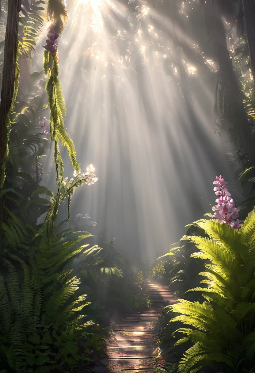 A beautiful photo of a dense forest, drag rope, fern, orchids, Sun rays, fog