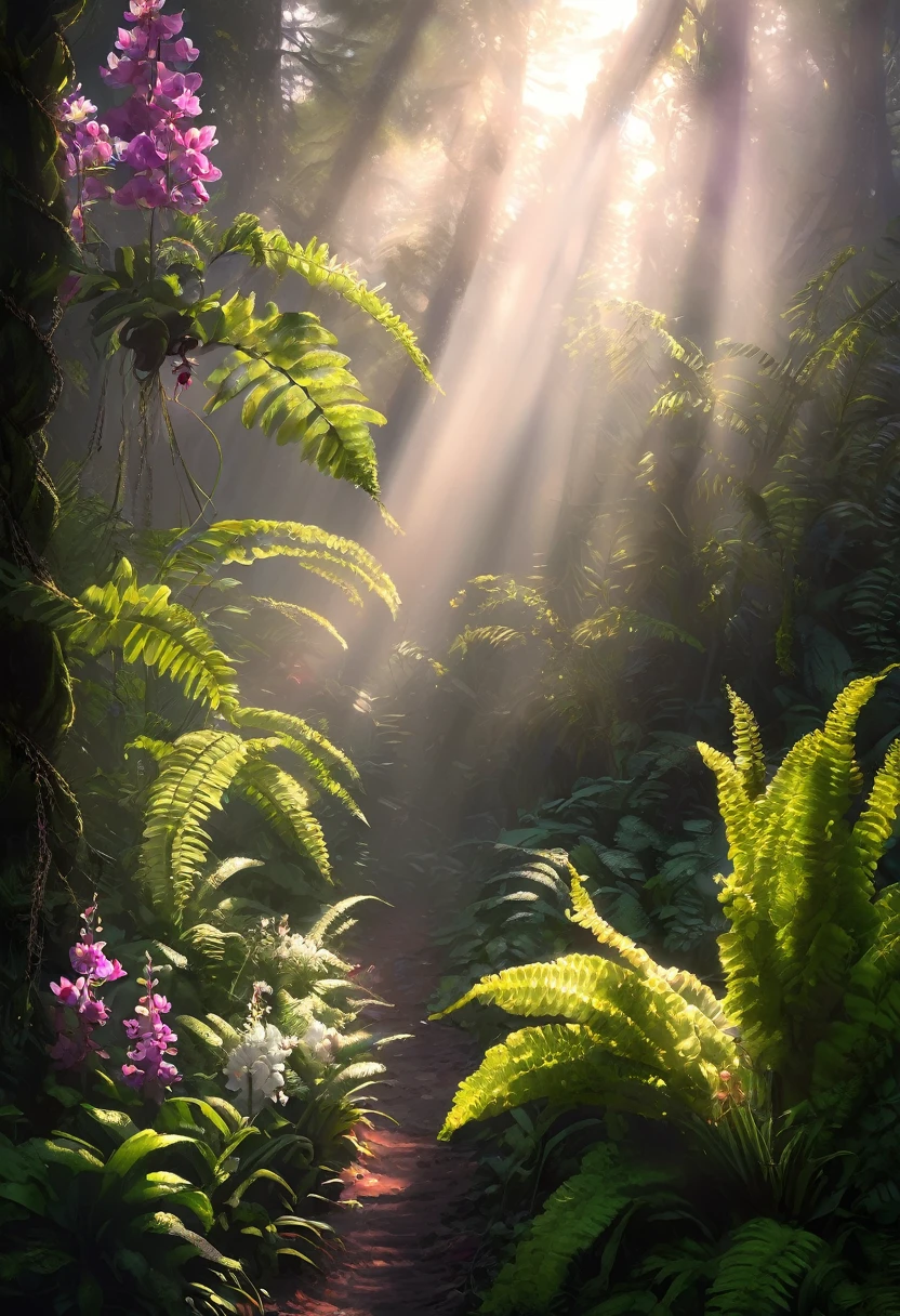A beautiful photo of a dense forest, drag rope, fern, orchids, Sun rays, fog