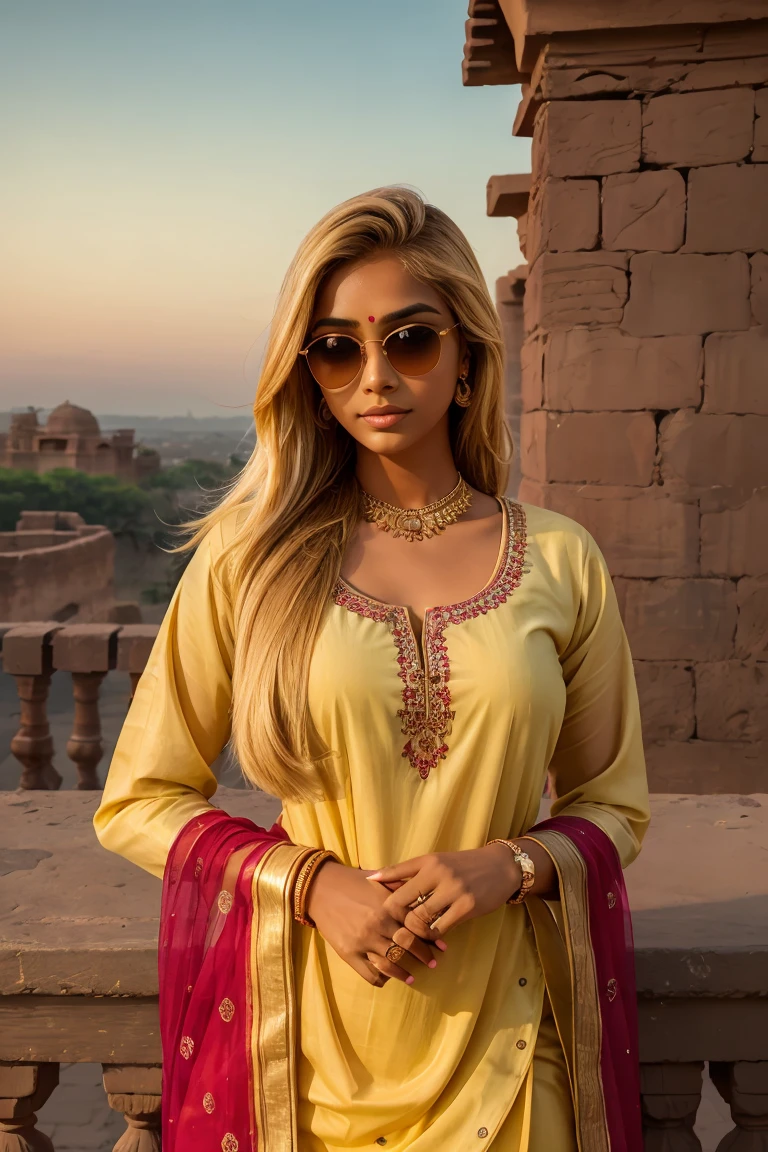 A photorealistic portrait of a 25-year-old Indian woman, her blonde hair styled beautifully, and her large doe eyes visible behind stylish sunglasses. She wears a colorful salwar and a chic watch, posing against the backdrop of an ancient Indian fort. The image is in 8k HDR, emphasizing the texture and rich colors of her clothing and the historic stones, with her face lit by the warm glow of the setting sun, looking serene and dignified