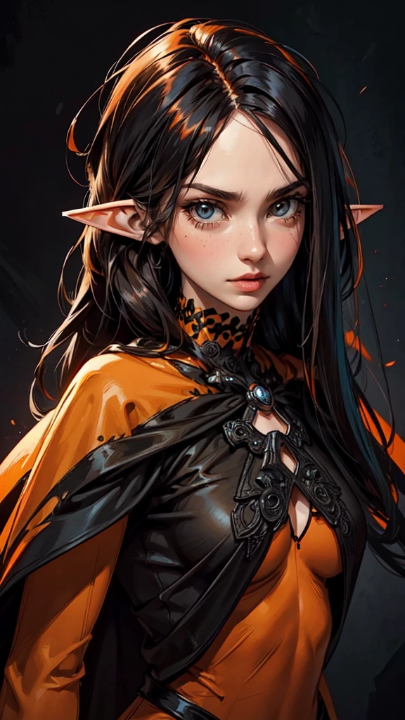 model woman, medium breast, (((orange black long messy hair)))intricate body, Halloween dress symmetrical face, character concept art. by Ashley Wood,detailed face, detailed eyes, detailed hands, elf woman
