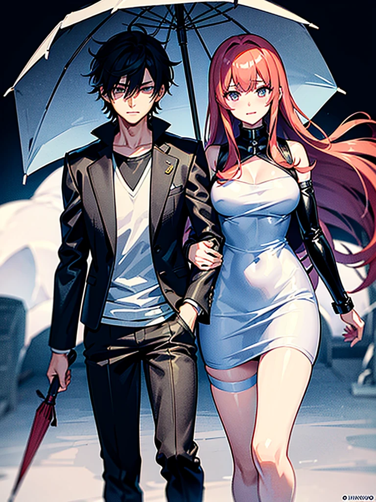 Anime Characters: Mikoto Suoh and Shikomori on a Date in rainy weather, Mikoto Suoh is holding an umbrella in his one hand while Shikomori is walking with him under the umbrella that Mikoto Suoh is holding. Shikomori is shy, Shikomori is blushing while smiling cutely and both are little bit wet because of rain. Both are in full dress.
There is a dark rainy background with clouds.
Both are walking at the side of the road.
Mikoto Suoh is a tall, muscular man with red hair and amber eyes. He has Red hair is kept short, ruffled, and spiked, with two strands of hair near the opposite sides of his head falling over his face, as well as distinct sideburns. As a teenager, his hair, while still short and ruffled, was messier and his bangs fell across his forehead.
He wears a black, leather jacket with a fur collar and a white V-neck underneath.
Miyako Shikimori is a tall teenage girl, with extremely long, flowing, Bright Pink hair that stretches nearly to her butt, blue eyes, and pale skin.
Ultra hd image, without any detailing mistake, beautiful, masterpiece.