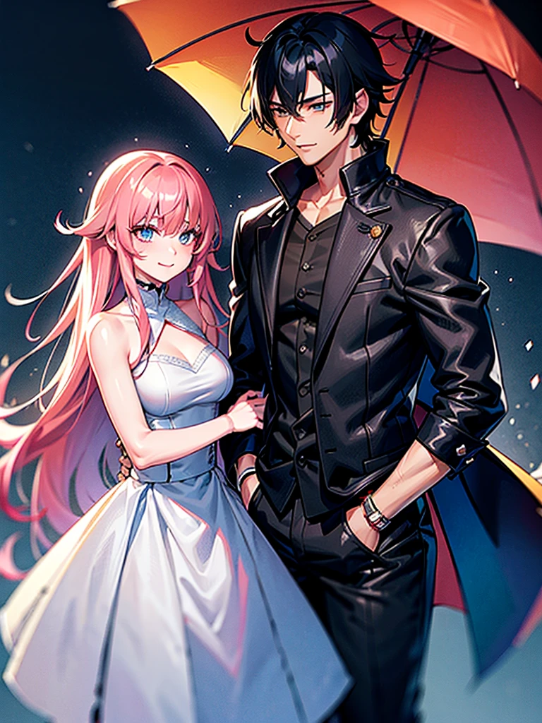 Anime Characters: Mikoto Suoh and Shikomori on a Date in rainy weather, Mikoto Suoh is holding an umbrella in his one hand while Shikomori is walking with him under the umbrella that Mikoto Suoh is holding. Shikomori is shy, Shikomori is blushing while smiling cutely and both are little bit wet because of rain. Both are in full dress.
There is a dark rainy background with clouds.
Both are walking at the side of the road.
Mikoto Suoh is a tall, muscular man with red hair and amber eyes. He has Red hair is kept short, ruffled, and spiked, with two strands of hair near the opposite sides of his head falling over his face, as well as distinct sideburns. As a teenager, his hair, while still short and ruffled, was messier and his bangs fell across his forehead.
He wears a black, leather jacket with a fur collar and a white V-neck underneath.

Miyako Shikimori is a tall teenage girl, with extremely long, flowing, Bright Pink hair that stretches nearly to her butt, blue eyes, and pale skin.



Ultra hd image, without any detailing mistake, beautiful, masterpiece.
