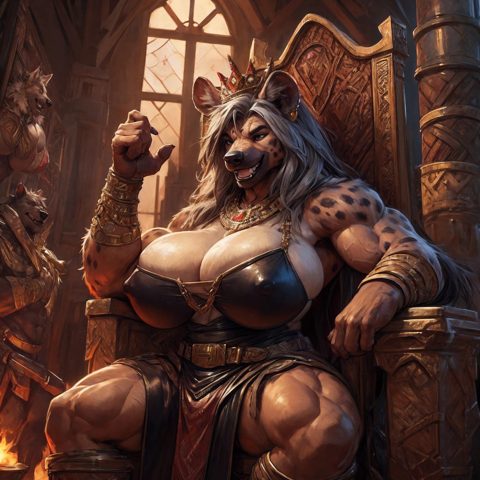 uploaded to e621.net, masterpiece, 8k, hyena woman, matriarch, female, beige fur, spots, gray hair, buff, muscular, barbarian queen, (leather clothing:1.3), wooden throne, wooden keep, primitive room, stone room, seated, casual posture, buff, muscular, massive, bodybuilder, (huge breasts), nipple outline, covered breasts, laughing, crowded, supplicants, worshipers, by darkgem, 