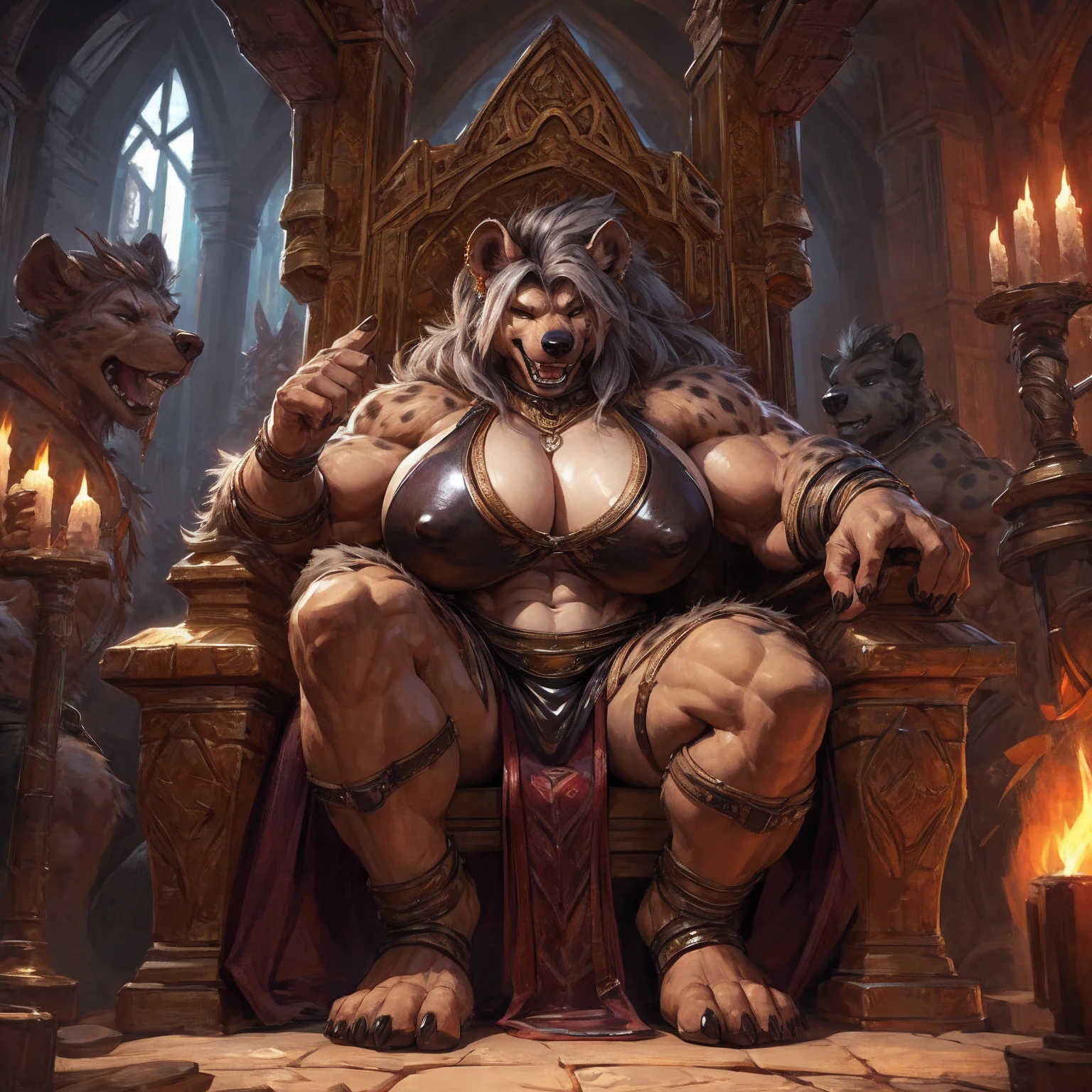 uploaded to e621.net, masterpiece, 8k, hyena woman, matriarch, female, beige fur, spots, gray hair, buff, muscular, barbarian queen, (leather clothing:1.3), wooden throne, wooden keep, primitive room, stone room, seated, casual posture, buff, muscular, massive, bodybuilder, (huge breasts), nipple outline, covered breasts, laughing, crowded, supplicants, worshipers, by darkgem,