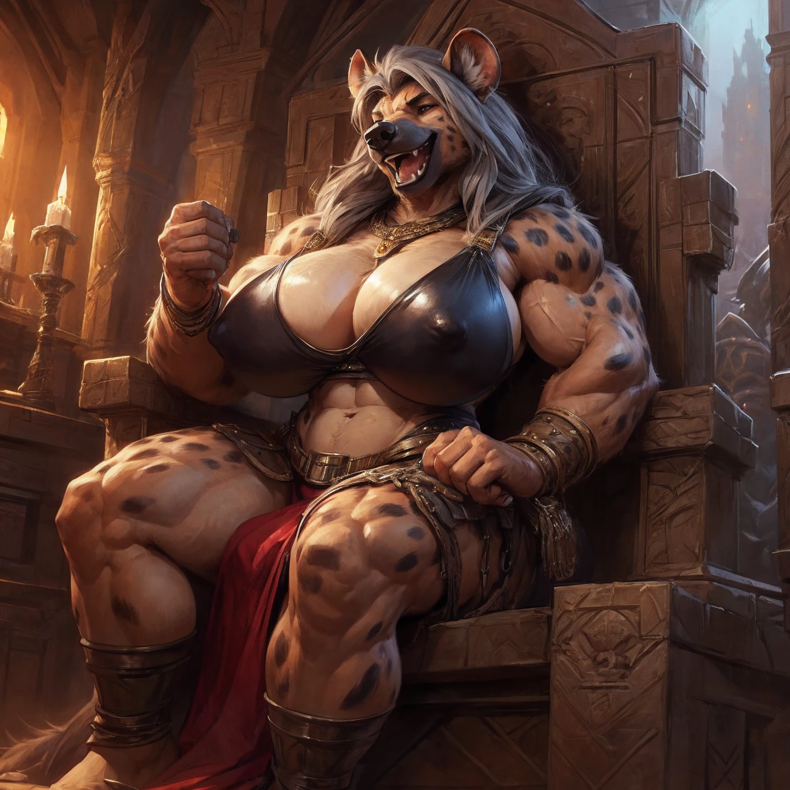 uploaded to e621.net, masterpiece, 8k, hyena woman, matriarch, female, beige fur, spots, gray hair, buff, muscular, barbarian queen, (leather clothing:1.3), wooden throne, wooden keep, primitive room, stone room, seated, casual posture, buff, muscular, massive, bodybuilder, (huge breasts), nipple outline, covered breasts, laughing, crowded, supplicants, worshipers, by darkgem, 