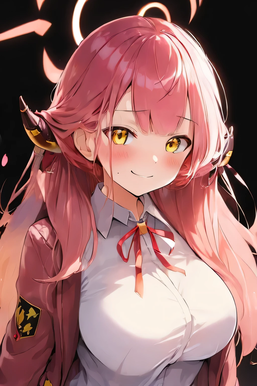 ((((Exploding background)))),Jump up.stagnated,Teary-eyed,horns, bangs, long_hair, pink_hair, halo, ribbon, smile, neck_ribbon, blush, breasts, red_ribbon, yellow_eyes.