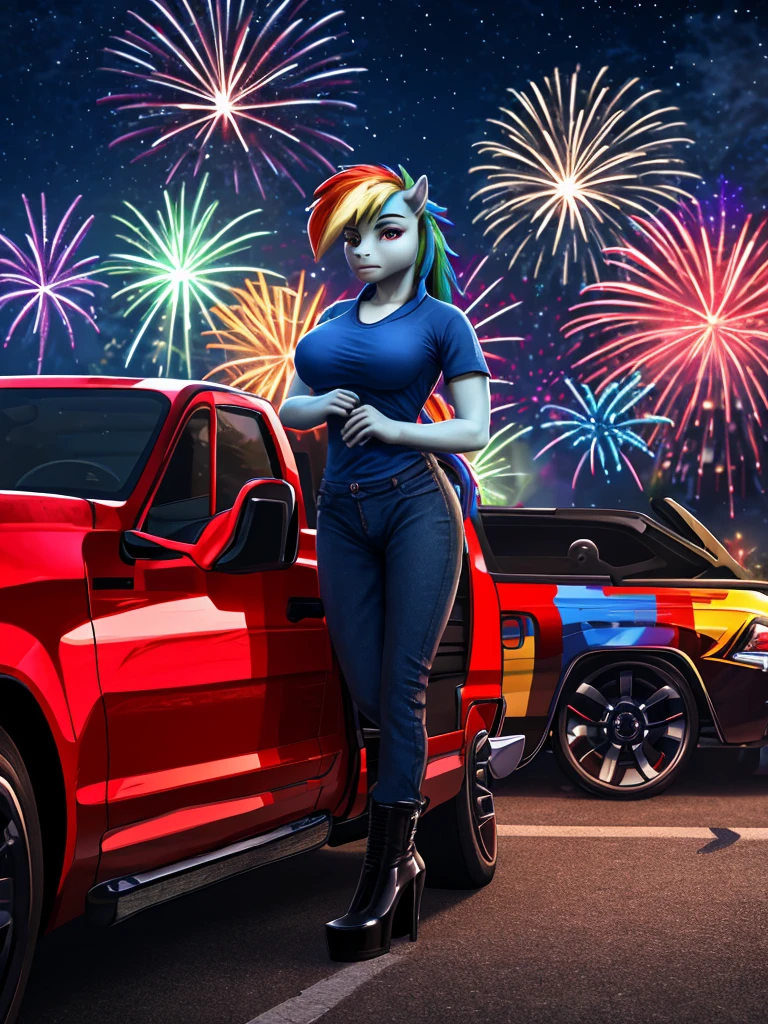 a beautiful anthro pony rainbow dash, 1girl, detailed eyes, detailed nose, detailed lips, detailed hands and feet, detailed wings, wearing a United States red white and blue T-shirt, blue jeans, black leather high heeled boots, light blue skin, standing next to a Dodge RAM pickup, big breasts, fireworks, night, hyperrealistic, anime portrait, (best quality,4k,8k,highres,masterpiece:1.2),ultra-detailed,(realistic,photorealistic,photo-realistic:1.37),vivid colors,dramatic lighting,cinematic,highly detailed