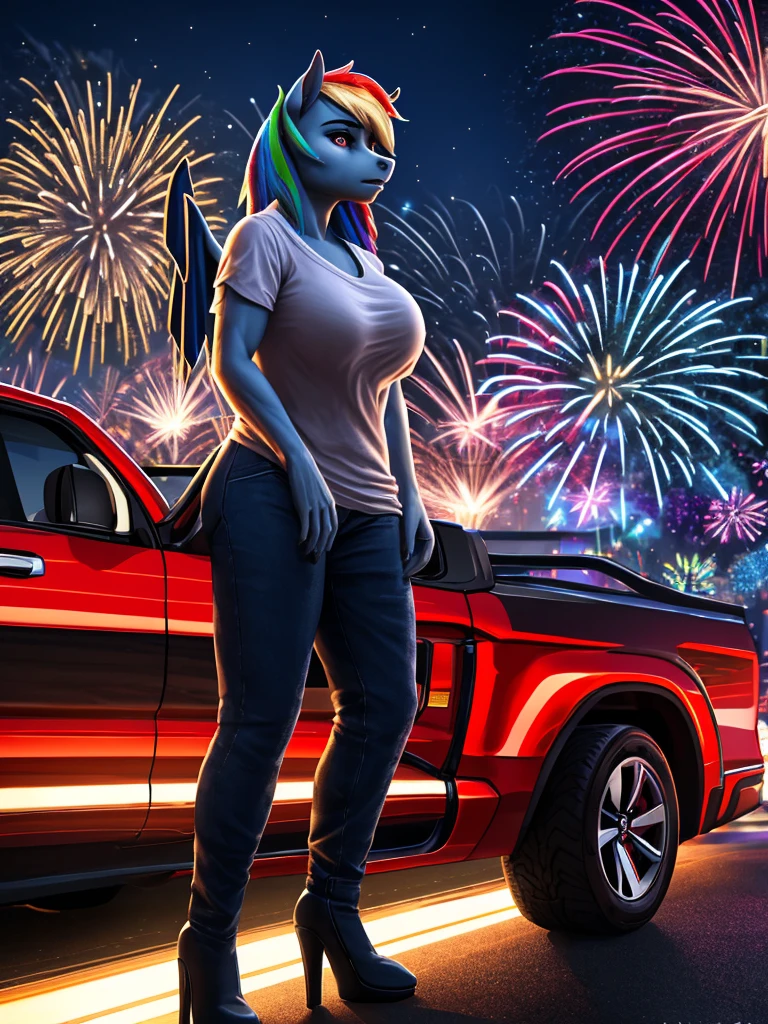 a beautiful anthro pony rainbow dash, 1girl, detailed eyes, detailed nose, detailed lips, detailed hands and feet, detailed wings, wearing a United States red white and blue T-shirt, blue jeans, black leather high heeled boots, light blue skin, standing next to a Dodge RAM pickup, big breasts, fireworks, night, hyperrealistic, anime portrait, (best quality,4k,8k,highres,masterpiece:1.2),ultra-detailed,(realistic,photorealistic,photo-realistic:1.37),vivid colors,dramatic lighting,cinematic,highly detailed