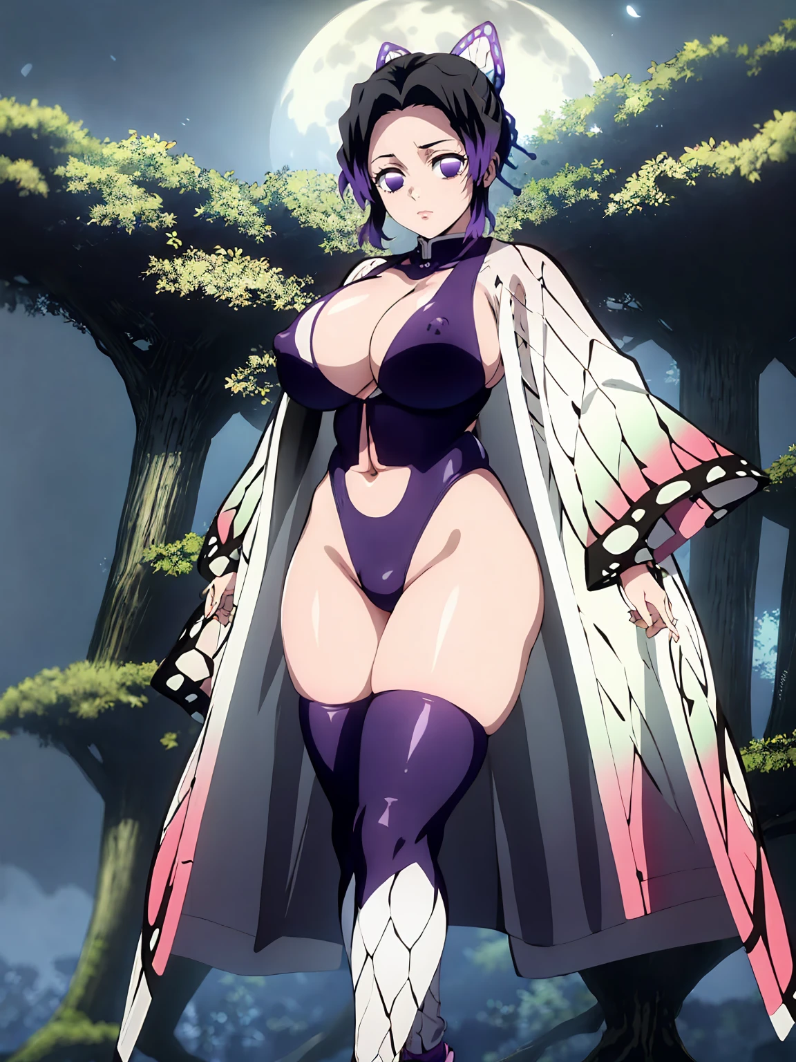 Kochou shinobu, 4k, absurd, high resolution, very high resolution, high definition, masterpiece, Short hair, purple hair, Separate bangs, Hair Adorno, Butterfly hair ornament, Purple eyes, black slingshot swimsuit, zettai ryouiki black thighhighs, cowboy shot, looking_at_viewer, serious, (angry:0.6), closed mouth, huge_breast, side boob, erect nipples, standing, holding a japanease sword, (skinny, short stack), in the dark forest, at night, moon