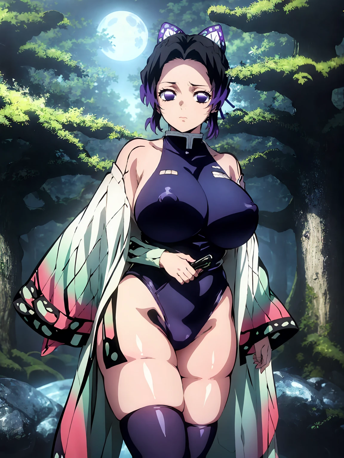 Kochou shinobu, 4k, absurd, high resolution, very high resolution, high definition, masterpiece, Short hair, purple hair, Separate bangs, Hair Adorno, Butterfly hair ornament, Purple eyes, black slingshot swimsuit, zettai ryouiki black thighhighs, cowboy shot, looking_at_viewer, serious, (angry:0.6), closed mouth, huge_breast, side boob, erect nipples, standing, holding a japanease sword, (skinny, short stack), in the dark forest, at night, moon