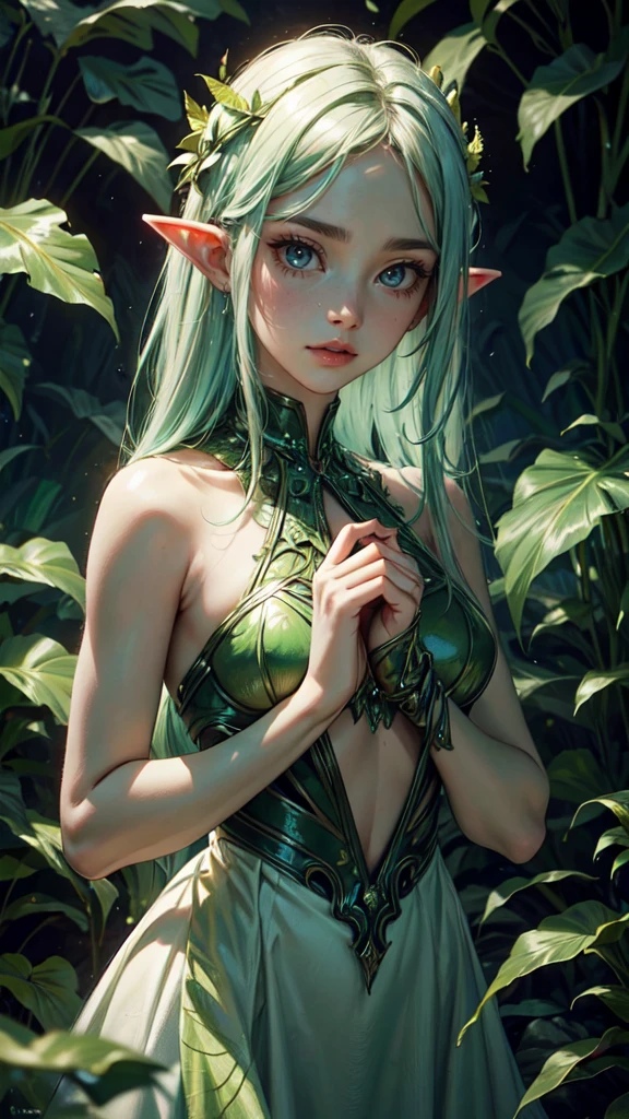 (best quality, ultra-detailed), (alien), (green skin), (black eyes), (((leaves for hair))), busty, (dress made of plants), vibrant colors, (soft lighting), (lush vegetation), (alien planet), ethereal beauty, surreal, otherworldly, enchanting, mesmerizing, stunning, captivating, dreamlike, mythical, fantasy, (alien creatures), (glowing flowers), (misty atmosphere), mysterious.detailed face, detailed eyes, detailed hands, elf woman