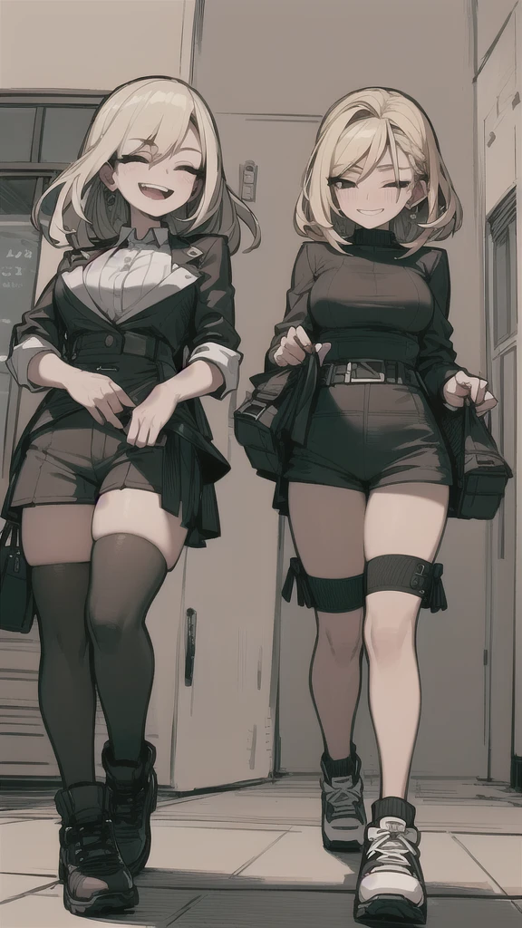 two sexy women walking and looking down at 4 years old boy with blonde hair and shorts, women have flirtatious smiles, women have closed eyes and they laugh, ultra hd