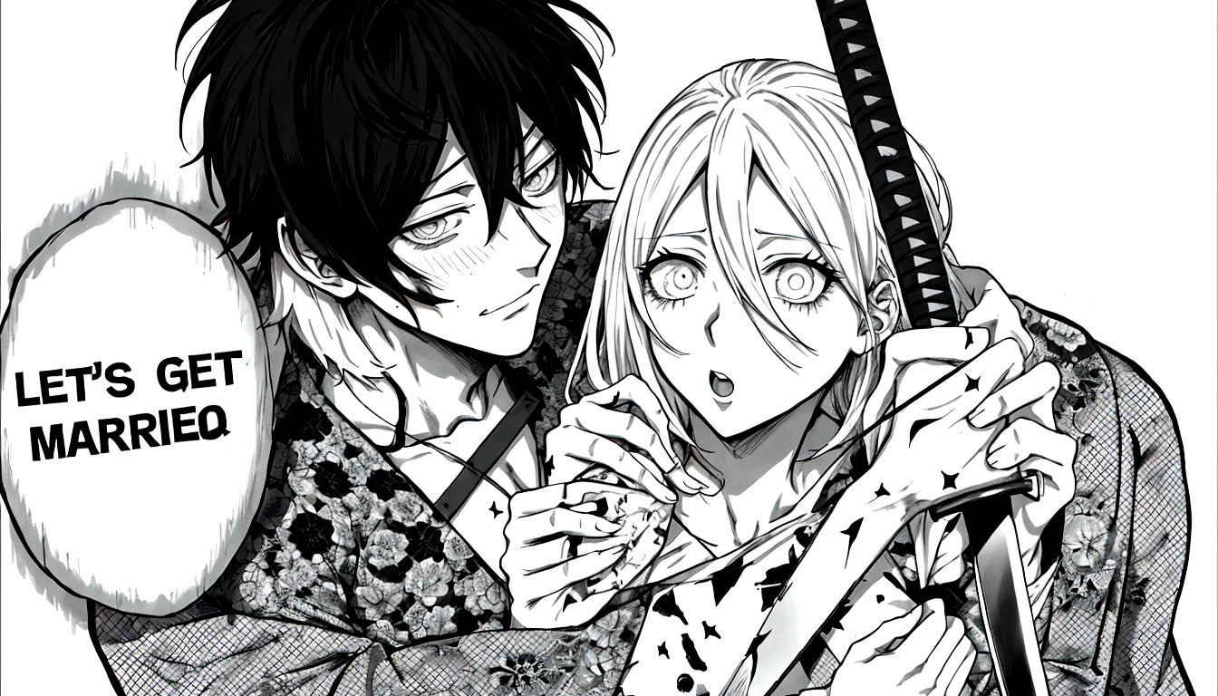 anime couple with sword and text that says let's get married, black and white manga panel, black and white manga page, chainsaw man manga, black and white manga, black and white manga comic, black and white manga style, pencil and ink manga, manga scans, in manga style, ink manga drawing, holding a sword on her shoulder, manga”