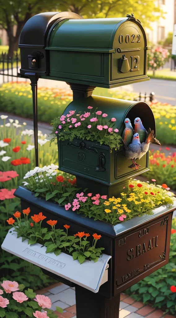 Flower-carrying pigeons in a garden mailbox