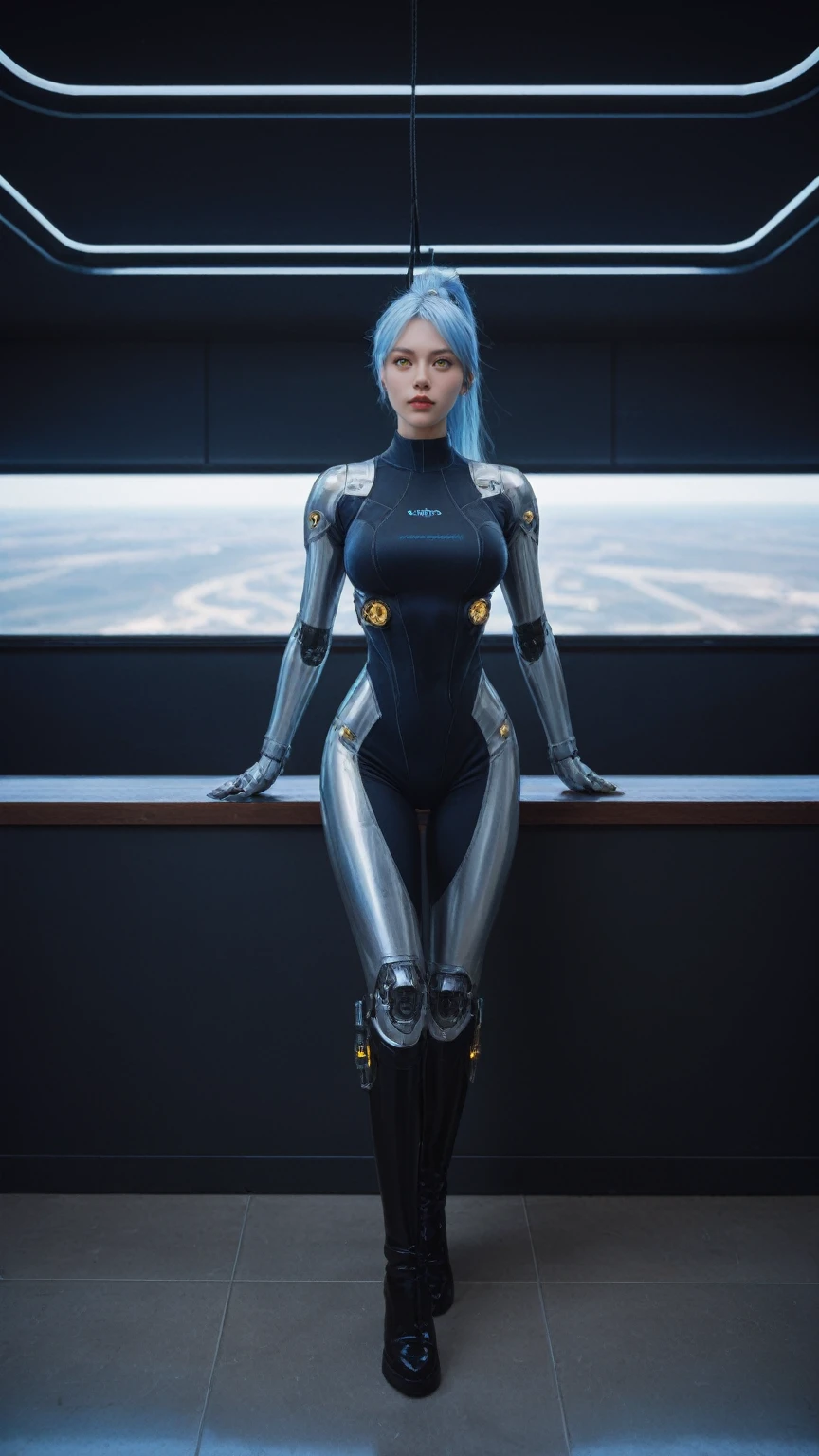 realistic,score_9, score_8_up, score_7_up, 
cinematic light,1girl, solo, full body, character focus, absurdres, high contrast, extreme detailed,colorful,highest detailed, science fiction, nanosuit, high ponytail, light blue hair, yellow eyes, knee boots, spacecraft interior, mechanical limbs, large breasts, metal wire, Crysis Nanosuit