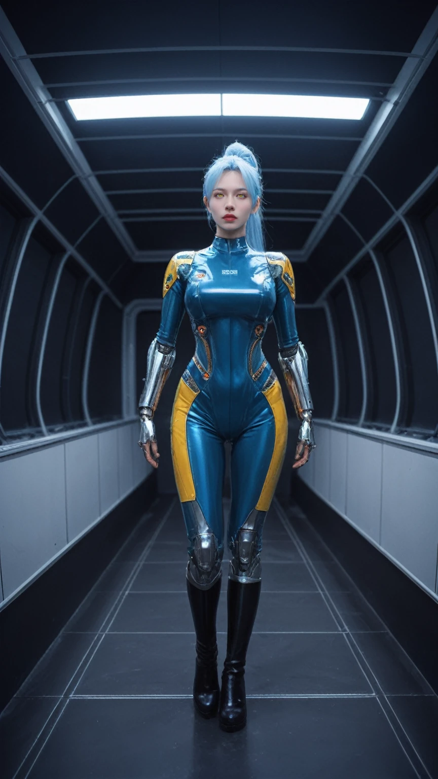realistic,score_9, score_8_up, score_7_up,
cinematic light,1girl, solo, full body, character focus, absurdres, high contrast, extreme detailed,colorful,highest detailed, science fiction, nanosuit, high ponytail, light blue hair, yellow eyes, knee boots, spacecraft interior, mechanical limbs, large breasts, metal wire, Crysis Nanosuit