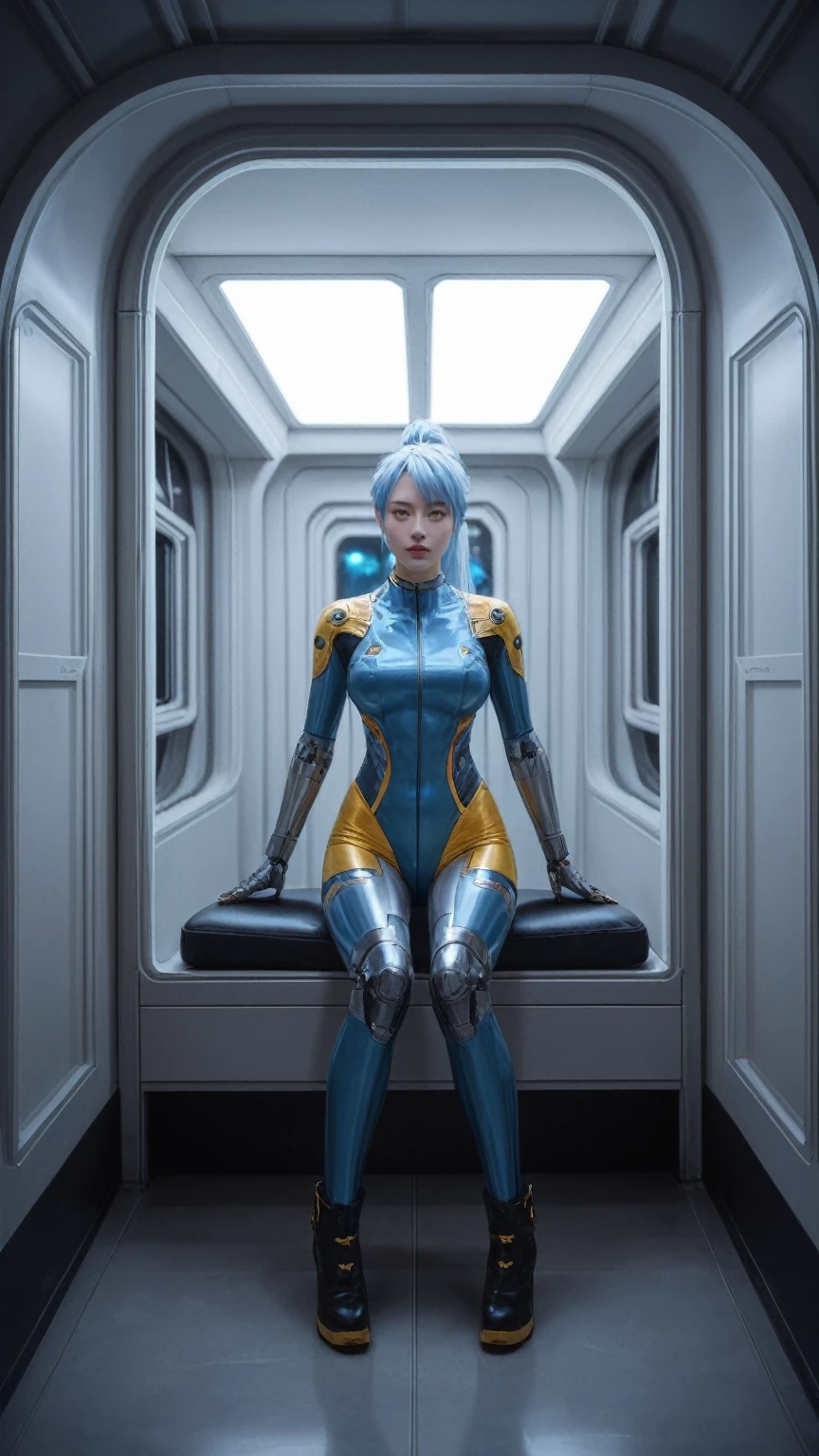 realistic,score_9, score_8_up, score_7_up,
cinematic light,1girl, solo, full body, character focus, absurdres, high contrast, extreme detailed,colorful,highest detailed, science fiction, nanosuit, high ponytail, light blue hair, yellow eyes, knee boots, spacecraft interior, mechanical limbs, large breasts, metal wire, Crysis Nanosuit