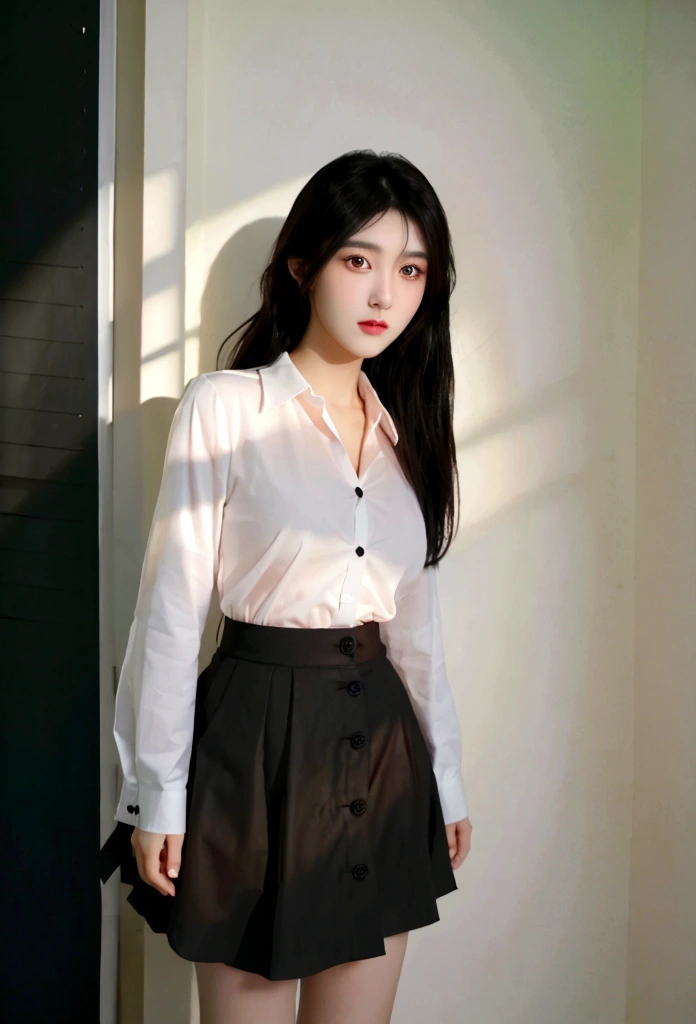best quality, ultra high res, (photorealistic:1.4), 1girl, button shirt, black skirt, school, dark brown hair, breasts, (black hair:1.2), looking at viewer, (highly detailed face:1.1),,  (PureErosFace_V1:0.8),tiktok,