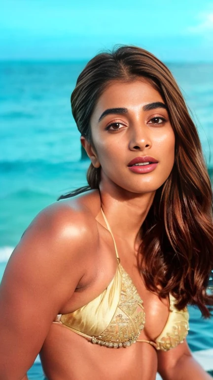 No make up, cold temperature,close up photo of semi naked Pooja hegde,((silk bikini)),hotel bedroom, intricate details,in a sea , beach, lean eyebrow, pooja hegde,pooja1, kodak, looking at viewer,detailed background,((cool)), ((fair skin))