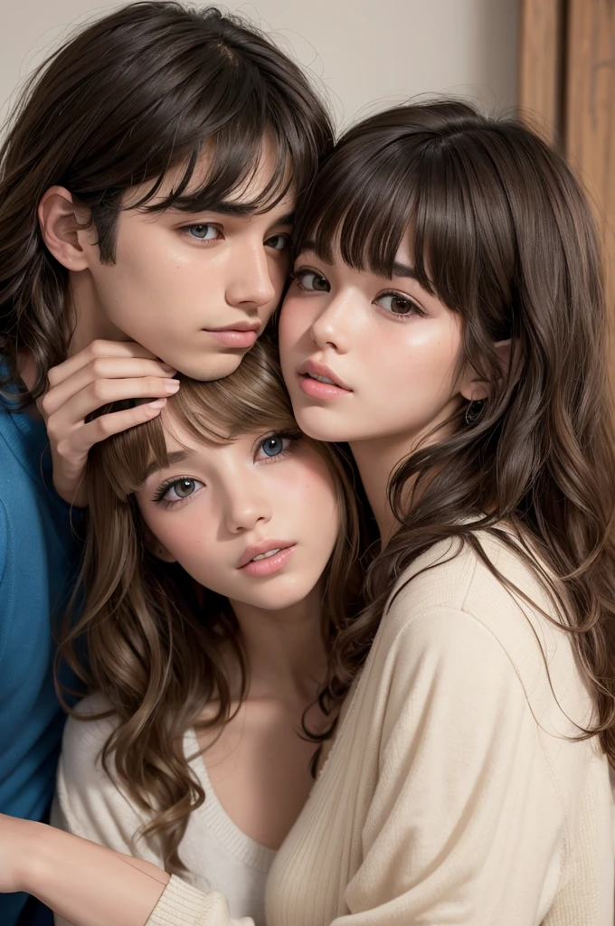 boy with wavy hair, with bangs, brunette kissing a girl with blonde hair and bangs