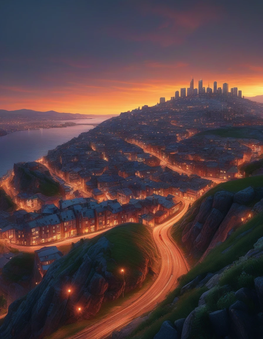 small hill with poles,cityscape,sunset,beautiful sunset from downhill,high definition,photorealistic,8K,ultra detailed,physics-based rendering,studio lighting,dramatic lighting,dramatic colors,beautiful colors,vivid,vibrant,cinematic,moody,atmospheric,landscape,realistic
