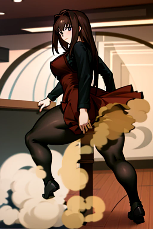 Highest quality, masterpiece, High Resolution, 1 girl, pooping,  right, long hair, brown hair, black shirt, red dress, long sleeves, black pantyhose, Aozaki Aoko, farting, Ass, hyper Ass, huge Ass, big ass, wide hip,