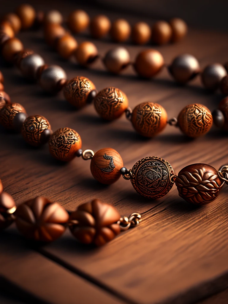 a prayer beads cord of brown beads with metallic medal carved with a tree, on a table, realistic, photorealistic, photo-realistic:1.37, best quality,4k,8k,highres,masterpiece:1.2,ultra-detailed, studio lighting, extreme detail description, professional, vivid colors, warm lighting, intricate details, ornate, ornamental, detailed textures, wood grain, highly detailed metal, shallow depth of field, dramatic lighting, atmospheric, still life, tabletop photography