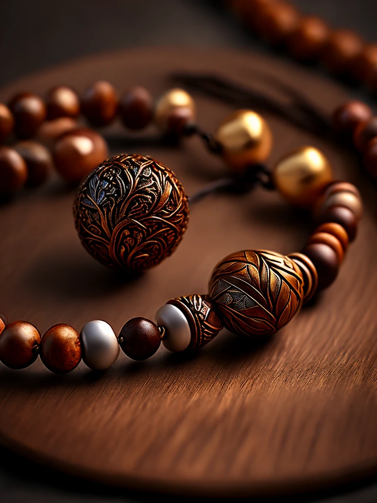 a prayer beads cord of brown beads with metallic medal carved with a tree, on a table, realistic, photorealistic, photo-realistic:1.37, best quality,4k,8k,highres,masterpiece:1.2,ultra-detailed, studio lighting, extreme detail description, professional, vivid colors, warm lighting, intricate details, ornate, ornamental, detailed textures, wood grain, highly detailed metal, shallow depth of field, dramatic lighting, atmospheric, still life, tabletop photography