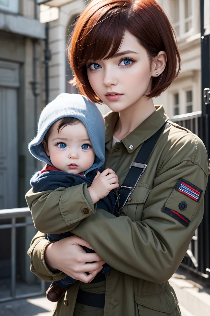 Woman holding a , blue eye, short red hair, military clothing, Clear scenario