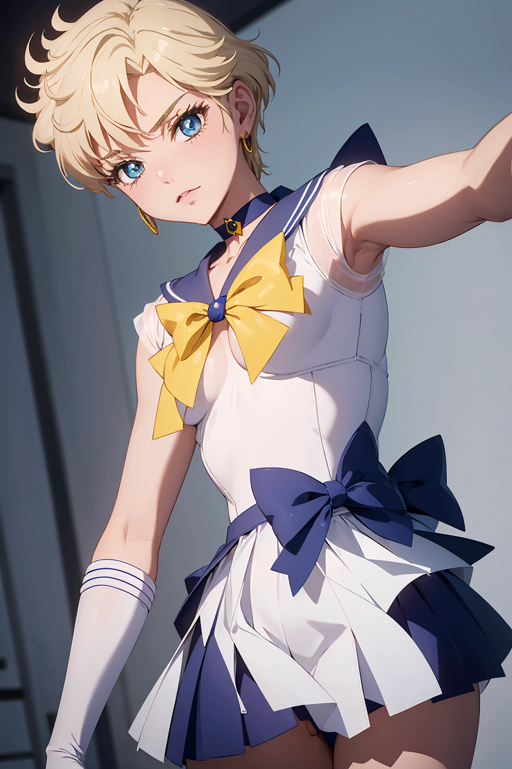 NSFW (Highest quality:1.1), (masterpiece:1.4), (Absurd:1.0), Cool look, close, 1 , {Sailor Uranus}　Sailor Warrior Uniform, Sailor collar, Chest Bow, Yellow ribbon, Pleading Skirt, White elbow gloves　Aqua Eye, Blonde Hair　Erect nipples {{{{{topless}}}}}++ Bedroom　Mood lighting (blush:1.2)