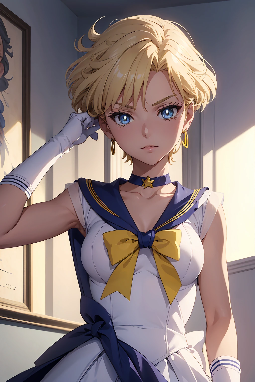 NSFW (Highest quality:1.1), (masterpiece:1.4), (Absurd:1.0), Cool look, close, 1 , {Sailor Uranus} Sailor Warrior Uniform, Sailor collar, Chest Bow, Yellow ribbon, Pleading Skirt, White elbow gloves Aqua Eye, Blonde Hair Erect nipples {{{{{topless}}}}}++ Bedroom Mood lighting (blush:1.2)