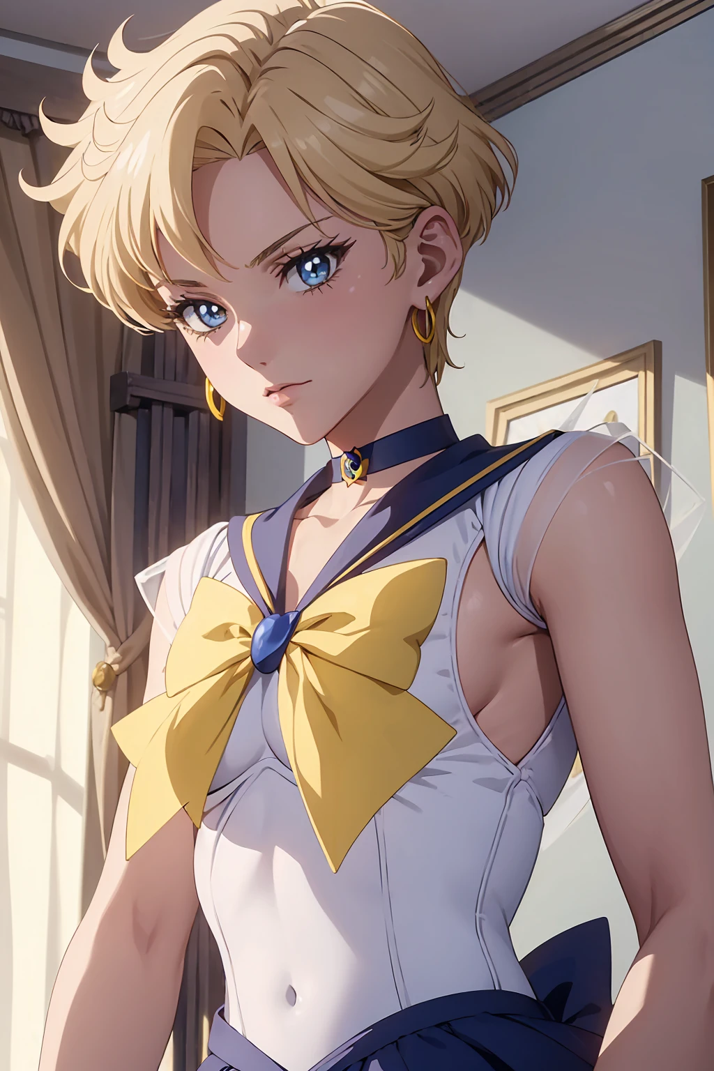 NSFW (Highest quality:1.1), (masterpiece:1.4), (Absurd:1.0), Cool look, close, 1 , {Sailor Uranus}　Sailor Warrior Uniform, Sailor collar, Chest Bow, Yellow ribbon, Pleading Skirt, White elbow gloves　Aqua Eye, Blonde Hair　Erect nipples {{{{{topless}}}}}++ Bedroom　Mood lighting (blush:1.2)