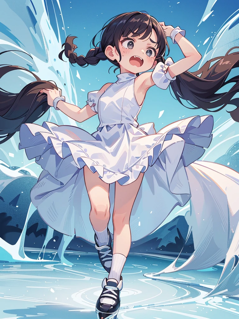Highest quality、High resolution、Detailed Background、(Beautiful face in every detail:1.4)、Anatomically correct、(Detailed facial expressions)、(fine grain:1.2), shoot from below:1.5, Teenage Beauty、Cute hair color、Braided Ponytail、Braided bob cut、Braided twin tails、, (Figure Skating Costumes、turtleneck、hiny new skates)、Perfect body line、(Desperately slipping away on the ice:1.5、Full Strength:1.5)、(I have tears in my eyes:1.5、Screaming and looking like she's about to cry)、I can see the wind flow、Frozen lake in the forest、