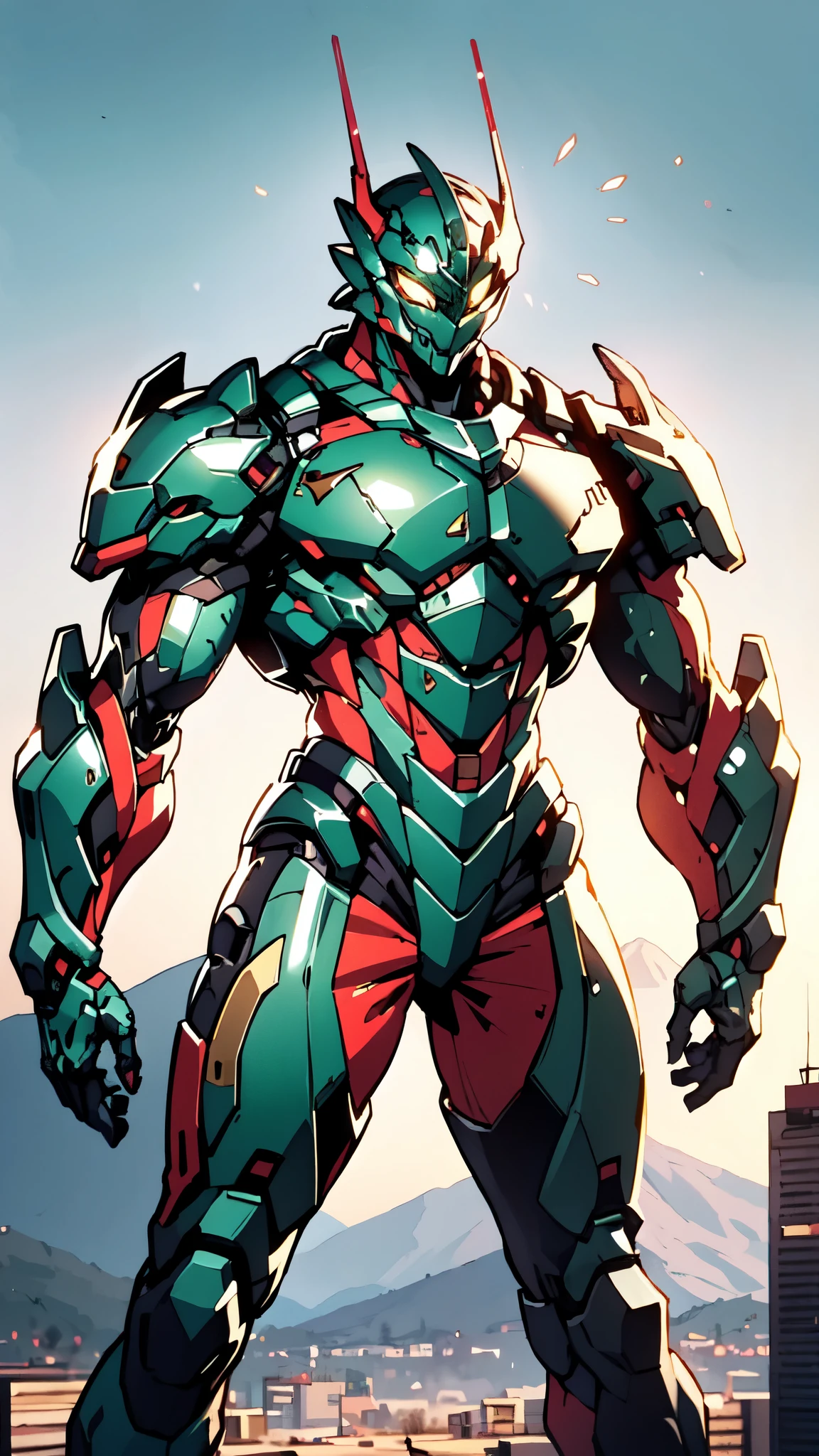 A man wearing a full-face helmet, a fantasy-style biotech armored combat suit, green eyes, (a composite layered  armor), fully enclosed shoulder guards, matching arm and leg guards, the belt is adorned with dragon claw grasping orbs, (the color scheme is primarily black with red accents), the design balances heavy with agility, a high-tech bio-mecha armor, (Armor Concept Inspired by Dragons, stand on the top of a skyscraper in a futuristic sci-fi city), this character embodies a finely crafted fantasy-surreal style armored hero in anime style, exquisite and mature manga art style, (element, plasma, energy, the armor glows), ((male:1.5)), metallic, real texture material, dramatic, high definition, best quality, highres, ultra-detailed, ultra-fine painting, extremely delicate, professional, perfect body proportions, golden ratio, anatomically correct, symmetrical face, extremely detailed eyes and face, high quality eyes, creativity, RAW photo, UHD, 32k, Natural light, cinematic lighting, masterpiece-anatomy-perfect, masterpiece:1.5