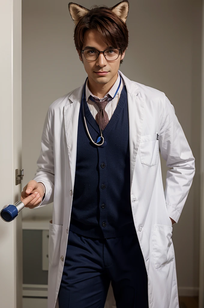 A pharmacist fox dressed as a doctor with a stethoscope around his neck